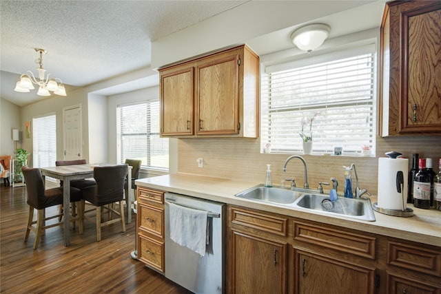 kitchen featuring hanging light fixtures, sink, an inviting chandelier, stainless steel dishwasher, and backsplash