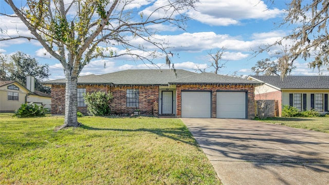 ranch-style home featuring a garage and a front lawn