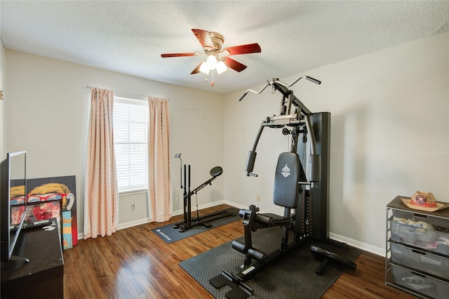 workout room featuring a textured ceiling, ceiling fan, and dark hardwood / wood-style flooring