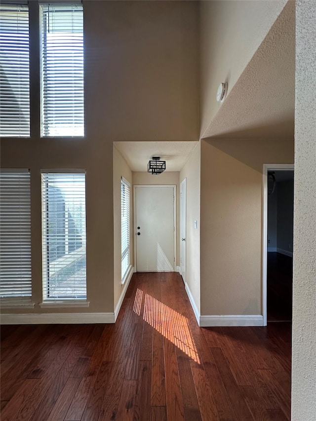 entryway featuring a towering ceiling, baseboards, and wood finished floors