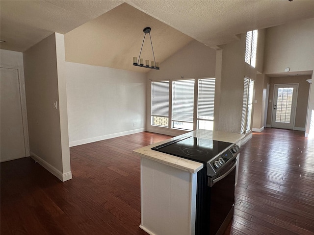 kitchen with dark wood-type flooring, open floor plan, and electric range oven