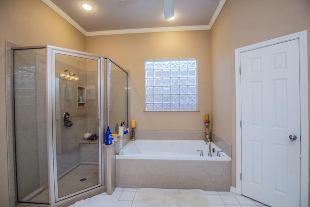 bathroom with crown molding, tile patterned flooring, and separate shower and tub