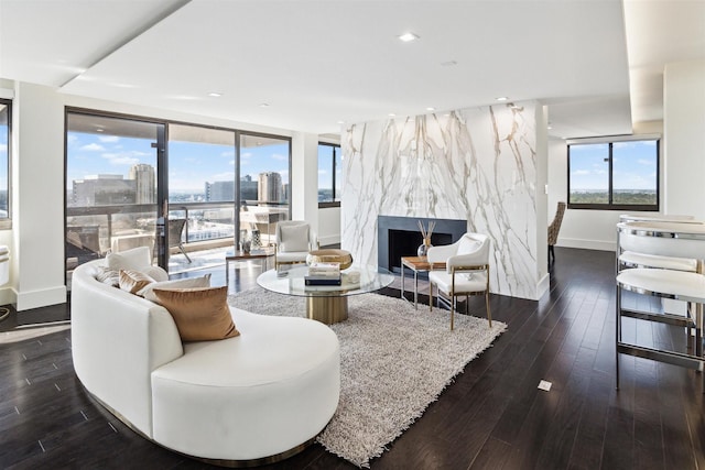 living room featuring a fireplace and dark hardwood / wood-style floors