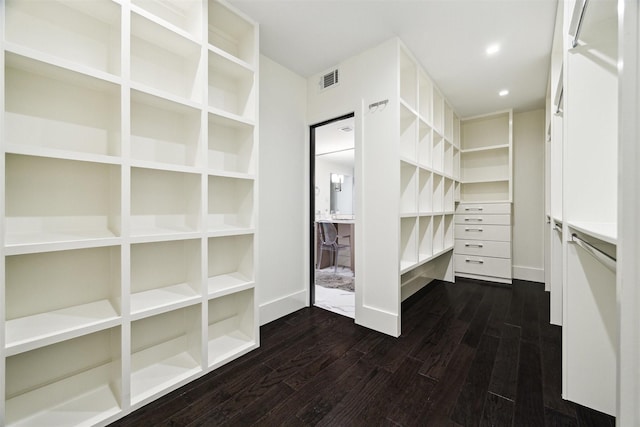 spacious closet with dark hardwood / wood-style flooring