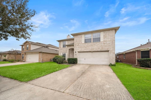 front facade with cooling unit, a front lawn, and a garage