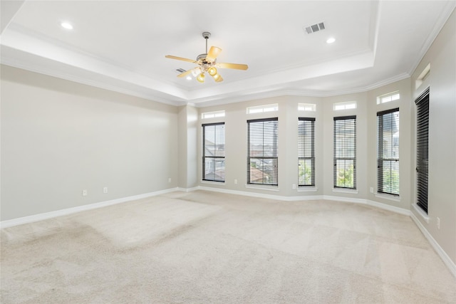 carpeted spare room with a raised ceiling, ornamental molding, and ceiling fan