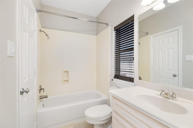 full bathroom featuring bathtub / shower combination, tile patterned floors, vanity, and toilet