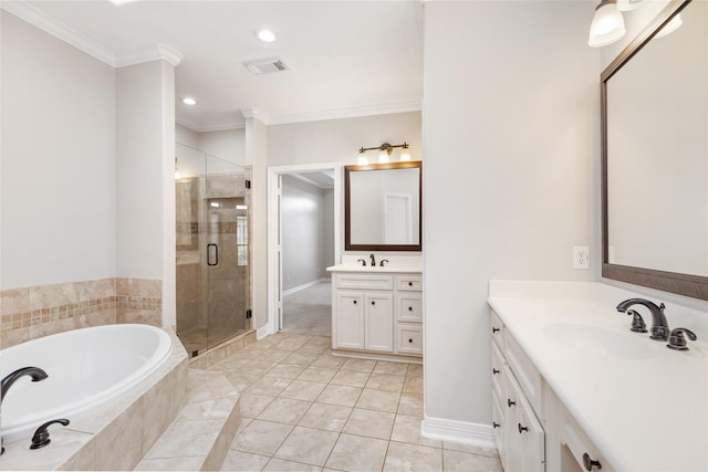 bathroom featuring vanity, tile patterned floors, ornamental molding, and shower with separate bathtub