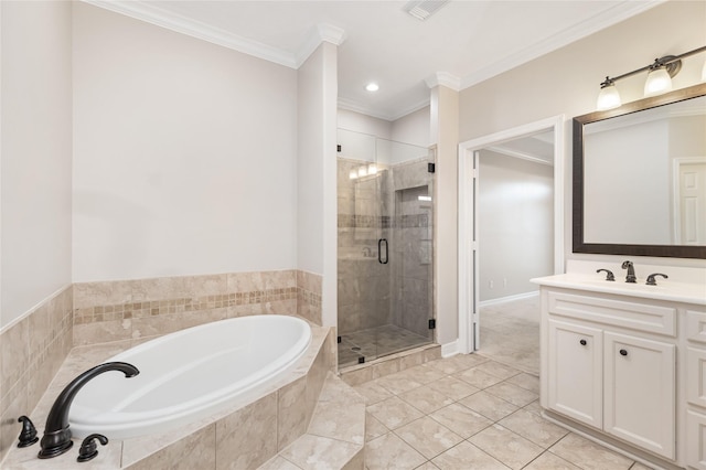 bathroom featuring vanity, tile patterned flooring, crown molding, and independent shower and bath