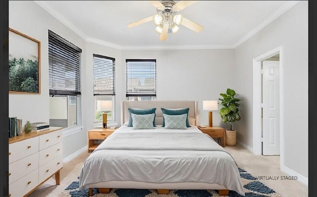 bedroom with ceiling fan, light colored carpet, and ornamental molding