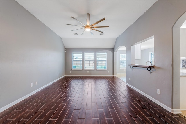 spare room featuring ceiling fan and lofted ceiling