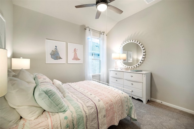 carpeted bedroom with ceiling fan and lofted ceiling