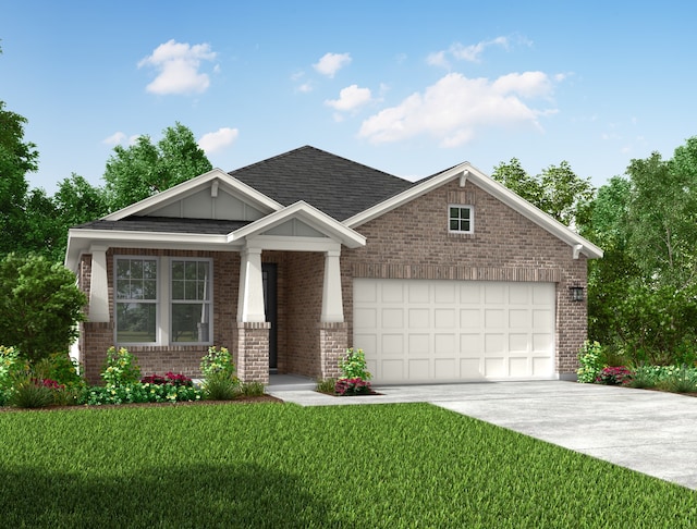 craftsman inspired home featuring driveway, a garage, a shingled roof, brick siding, and a front yard