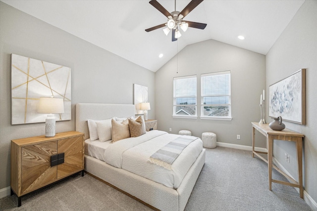 bedroom featuring lofted ceiling, carpet floors, and ceiling fan