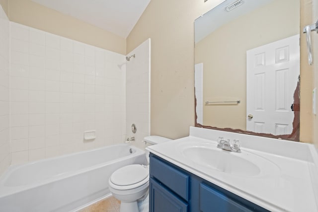 full bathroom with lofted ceiling, shower / tub combination, toilet, tile patterned floors, and vanity