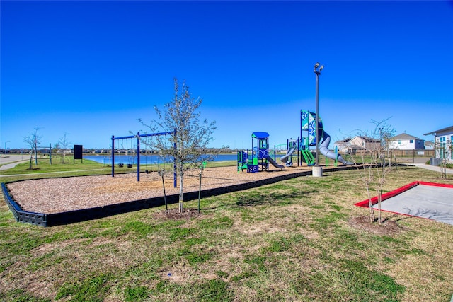 view of jungle gym with a lawn