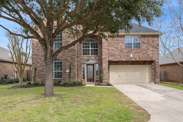 view of front of house with brick siding, a shingled roof, concrete driveway, an attached garage, and a front yard