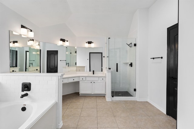 full bathroom with lofted ceiling, tile patterned floors, a garden tub, vanity, and a shower stall