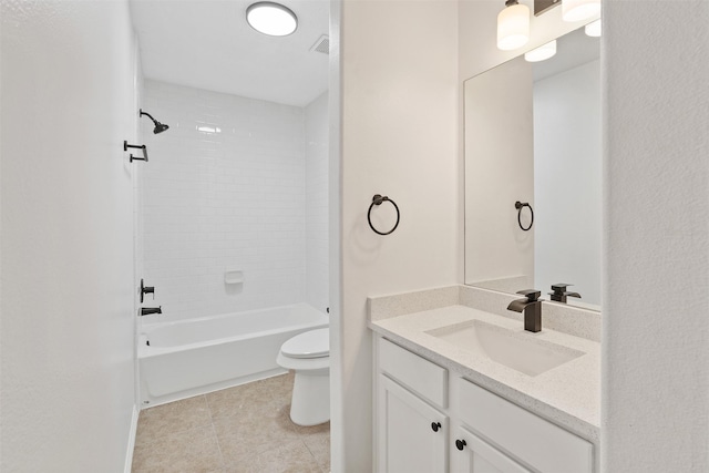 full bathroom featuring visible vents, toilet, shower / tub combination, tile patterned floors, and vanity