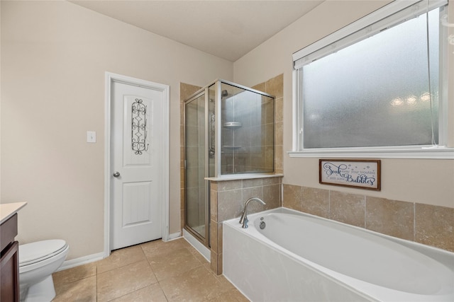 full bathroom with toilet, separate shower and tub, tile patterned floors, and vanity