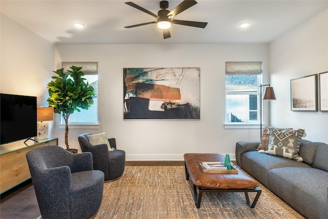 living room with ceiling fan and wood-type flooring