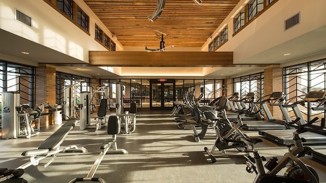 exercise room featuring a high ceiling