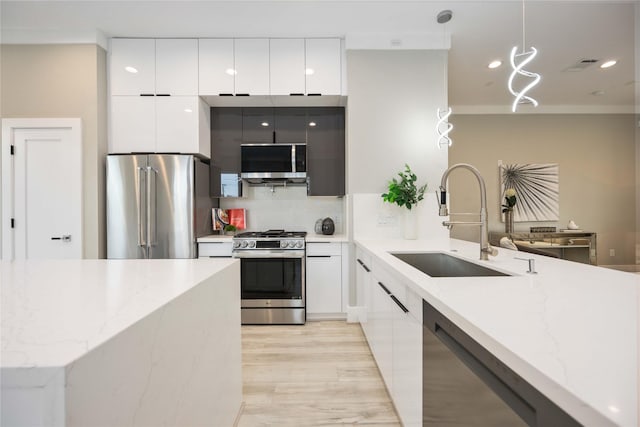 kitchen featuring stainless steel appliances, white cabinetry, sink, and pendant lighting