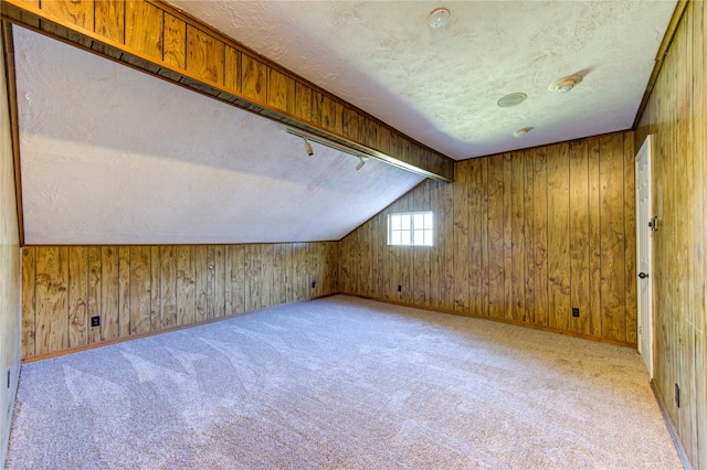 additional living space with vaulted ceiling, a textured ceiling, light carpet, and wood walls