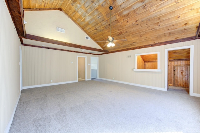 carpeted empty room featuring ceiling fan, wood ceiling, and lofted ceiling