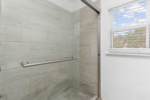 bathroom featuring a shower with shower door