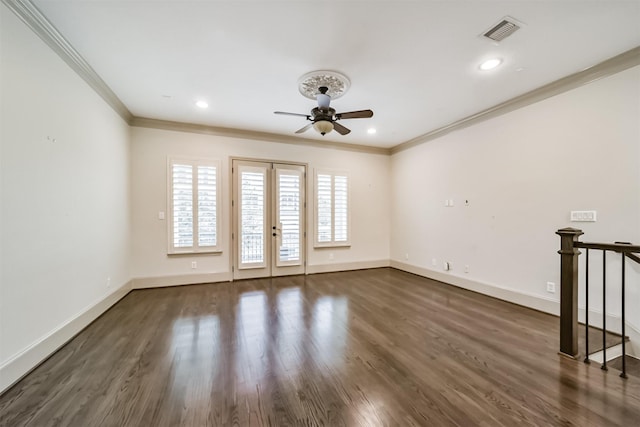 unfurnished room featuring ornamental molding, ceiling fan, french doors, and dark hardwood / wood-style floors