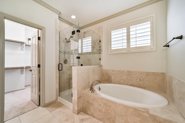 bathroom featuring tile patterned flooring, independent shower and bath, and crown molding