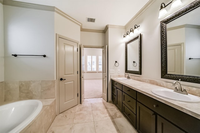 bathroom with vanity, tile patterned flooring, ornamental molding, and tiled bath