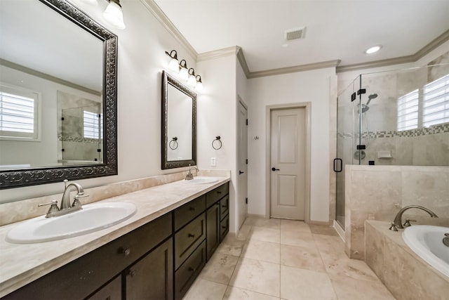 bathroom featuring ornamental molding, separate shower and tub, a healthy amount of sunlight, and tile patterned floors