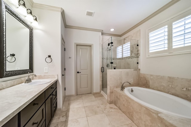 bathroom featuring tile patterned flooring, plus walk in shower, crown molding, and vanity