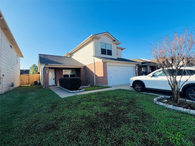 front facade with central AC unit, a front lawn, and a garage