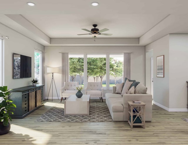 living room with recessed lighting, baseboards, wood finished floors, and ceiling fan