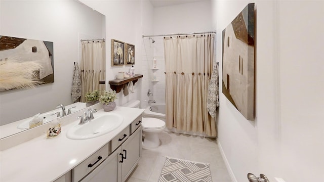 full bathroom with toilet, tile patterned flooring, shower / bath combination with curtain, and vanity