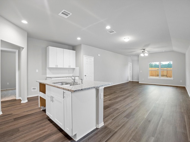 kitchen with sink, an island with sink, white cabinets, and light stone counters