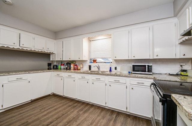 kitchen with white cabinetry, sink, backsplash, and dark hardwood / wood-style flooring