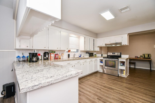 kitchen featuring sink, stainless steel range with electric cooktop, light wood-type flooring, kitchen peninsula, and white cabinets