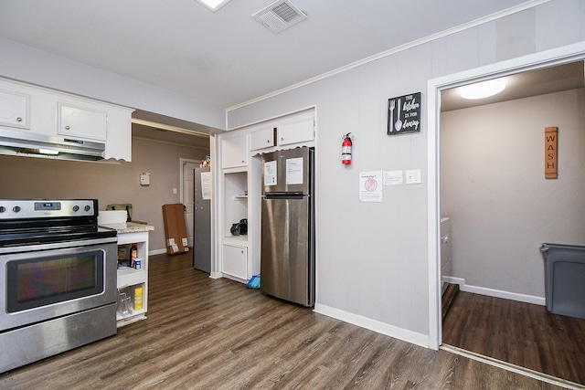 kitchen featuring ornamental molding, dark wood-type flooring, stainless steel appliances, and white cabinets