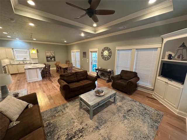 living room featuring ornamental molding, a tray ceiling, sink, and light wood-type flooring