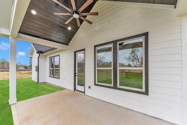 view of patio featuring ceiling fan