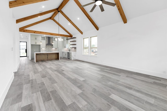 unfurnished living room featuring ceiling fan, light hardwood / wood-style floors, high vaulted ceiling, and beamed ceiling