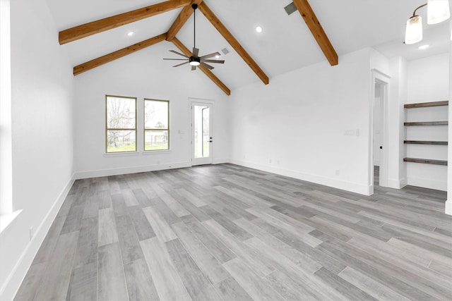 unfurnished living room featuring high vaulted ceiling, ceiling fan, light wood-type flooring, and beam ceiling