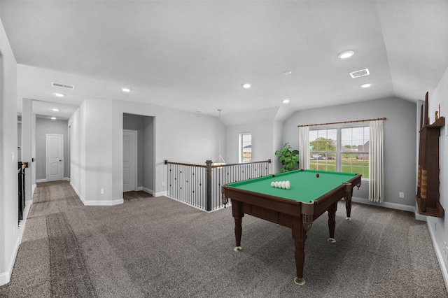 game room featuring vaulted ceiling, billiards, and carpet