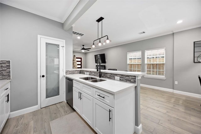 kitchen with sink, decorative backsplash, white cabinetry, and kitchen peninsula