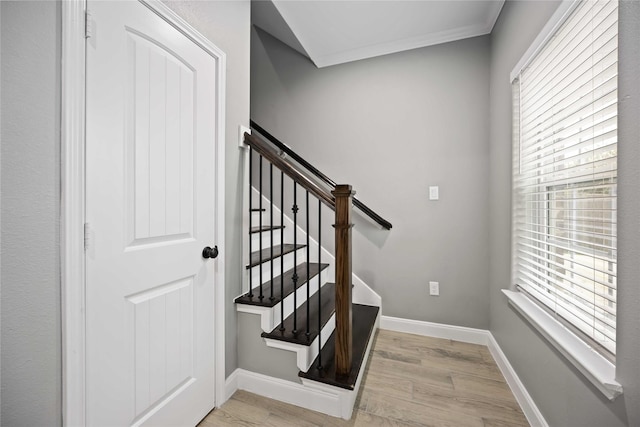 stairway with hardwood / wood-style floors and ornamental molding