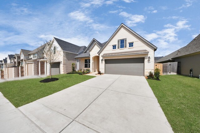 modern inspired farmhouse with a front yard, fence, and driveway